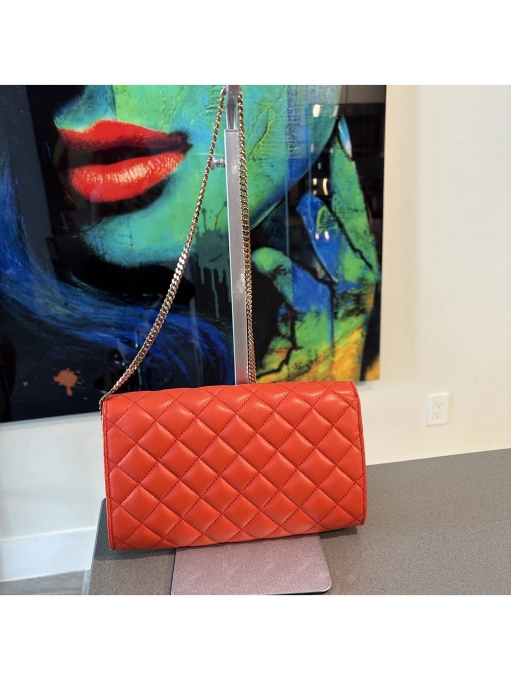 Versace Quilted Coral-Red Chain Shoulder Bag $ 1795 Retail - Picture 5 of 14